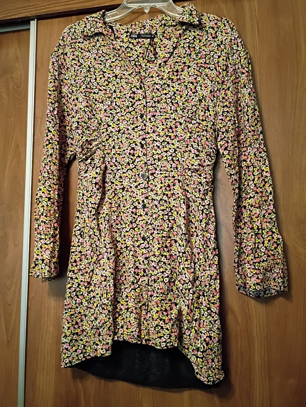 Zara Pink, Yellow and Black Floral Button-Front Tunic